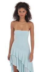Strapless Ruffle Asymmetrical Maxi Dress in Blue
