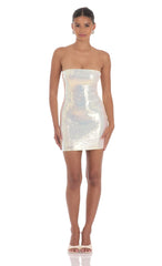 Iridescent Seqiun Strapless Bodycon Dress in Cream