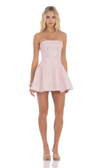 Shimmer Jacquard Strapless Flare Dress in Dusty Pink