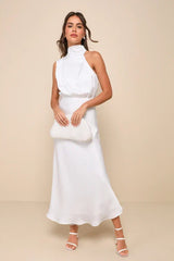 Distinctive Charm White Satin Asymmetrical Midi Dress
