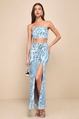 Flashy Fascination Light Blue Sequin Two-Piece Maxi Dress
