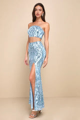 Flashy Fascination Light Blue Sequin Two-Piece Maxi Dress
