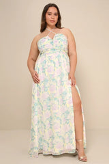 Effortlessly Abloom Green Multi Floral Ruched Halter Maxi Dress