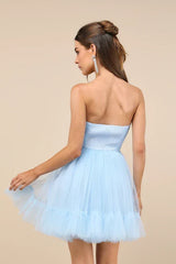 Lovely Flirtation Light Blue Tulle Strapless Bustier Mini Dress