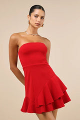 Sultry Intentions Red Strapless Ruffled Mini Dress