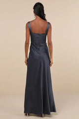 Red Carpet Romance Dark Grey Satin Square Neck Maxi Dress