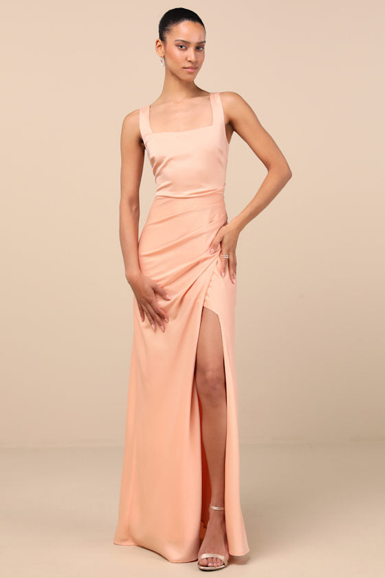 Red Carpet Romance Peach Satin Square Neck Maxi Dress