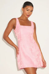 Perfectly Flirtatious Pink Floral Jacquard Tie-Back Mini Dress