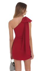 One Shoulder Bow Dress in Red