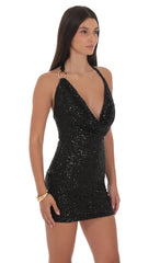 Sequin Plunge Cowl Neck Dress in Black