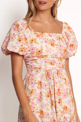 Clo Puff Sleeve Midi Dress - Peach Floral