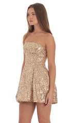 Sequin Strapless Fit and Flare Dress in Gold
