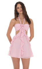 Chiffon Cutout Ruffle Dress in Pink