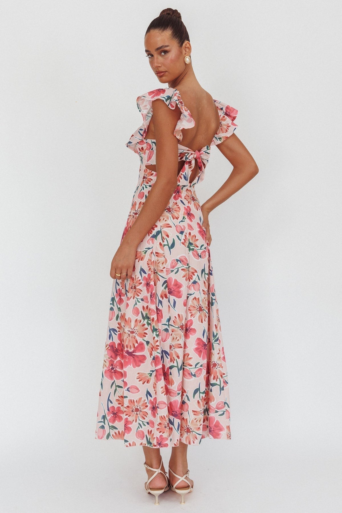 Palms Ruffle Sleeve Tied Back Maxi Dress Floral Pink