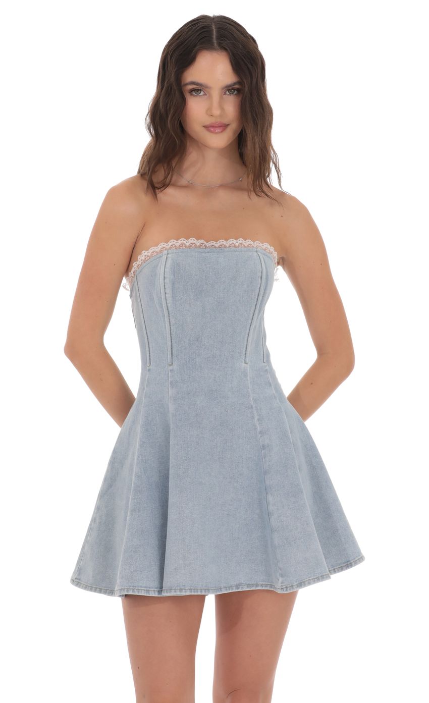 Lace Trim Corset Denim Dress in Light Blue