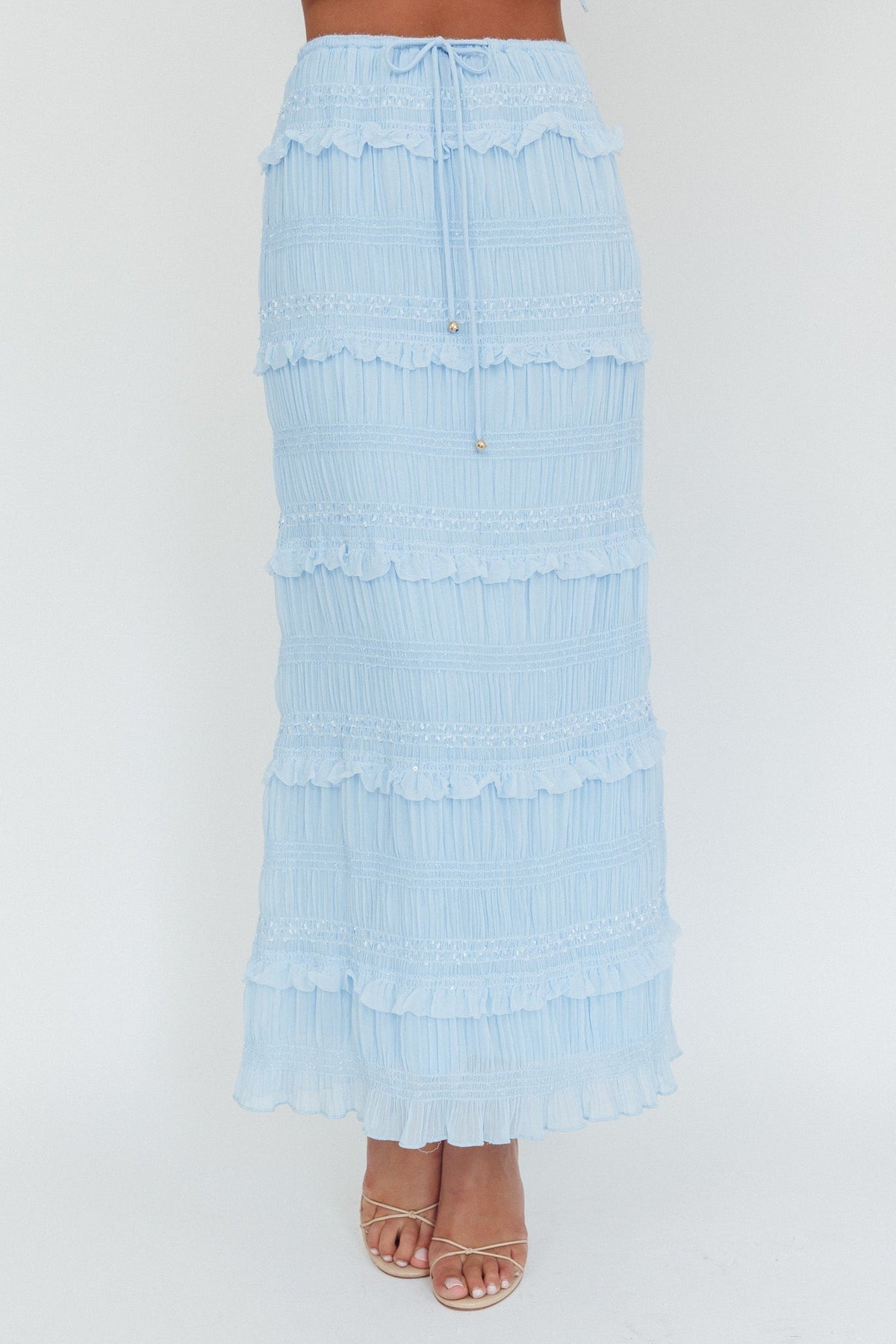 Helios Shirred Sequin Maxi Skirt Blue