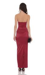 Satin V-Strapless Maxi Dress in Maroon