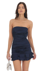 Strapless Satin Ruched Bodycon Dress in Navy