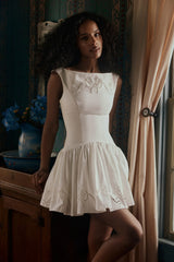white cotton broderie anglaise boat neck mini dress