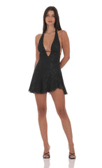 Lace Sequin Plunge Neck Dress in Black