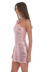Sequin Florette Halter Dress in Pink