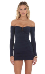 Off Shoulder Embellished Dress in Navy