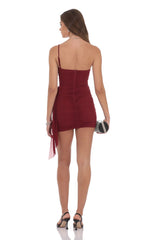Mesh One Shoulder Tassel Dress in Maroon