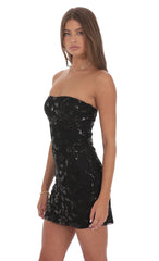 Strapless Sequin Floral Bodycon Dress in Black