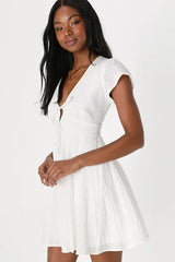 Forever Precious White Seersucker Short Sleeve Mini Skater Dress