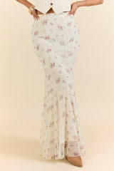 Floral Echo Ivory and Pink Knit Maxi Skirt