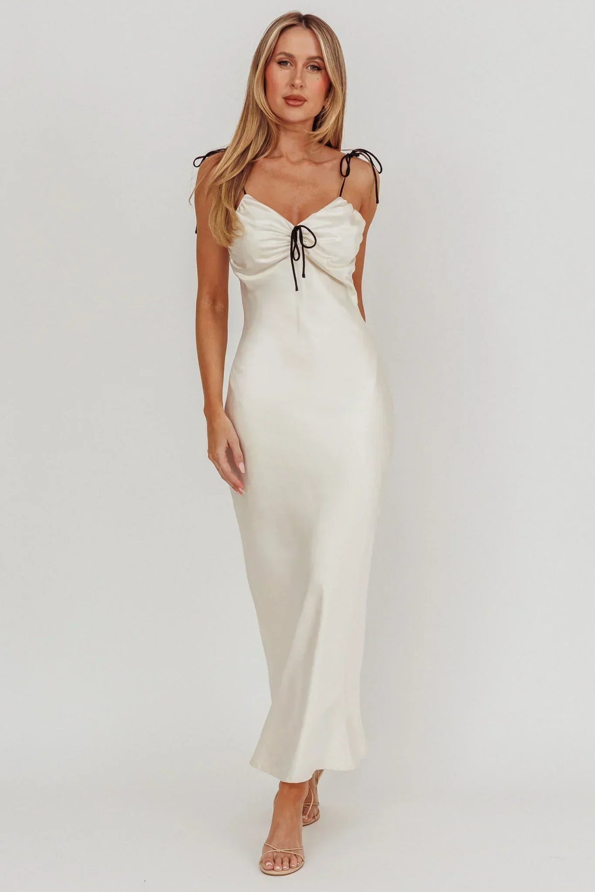 Slow Burn Tied Shoulders Satin Maxi Dress Oyster