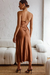 Invite Only Twisted Bust Satin Midi Dress Chocolate