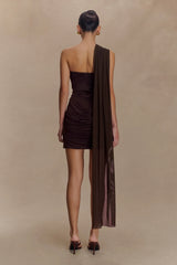 Mattea Slinky And Mesh Mini Dress With Scarf - Dark Chocolate