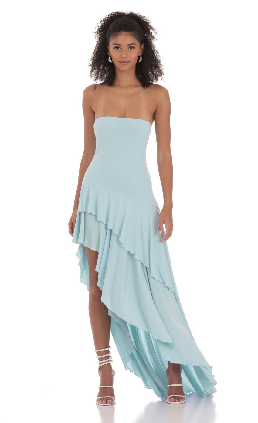Strapless Ruffle Asymmetrical Maxi Dress in Blue