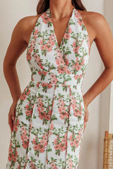 Love Bomb Pintuck Pleat Halterneck Maxi Dress Floral Pink