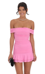 Off Shoulder Ruched Ruffle Dress in Pink