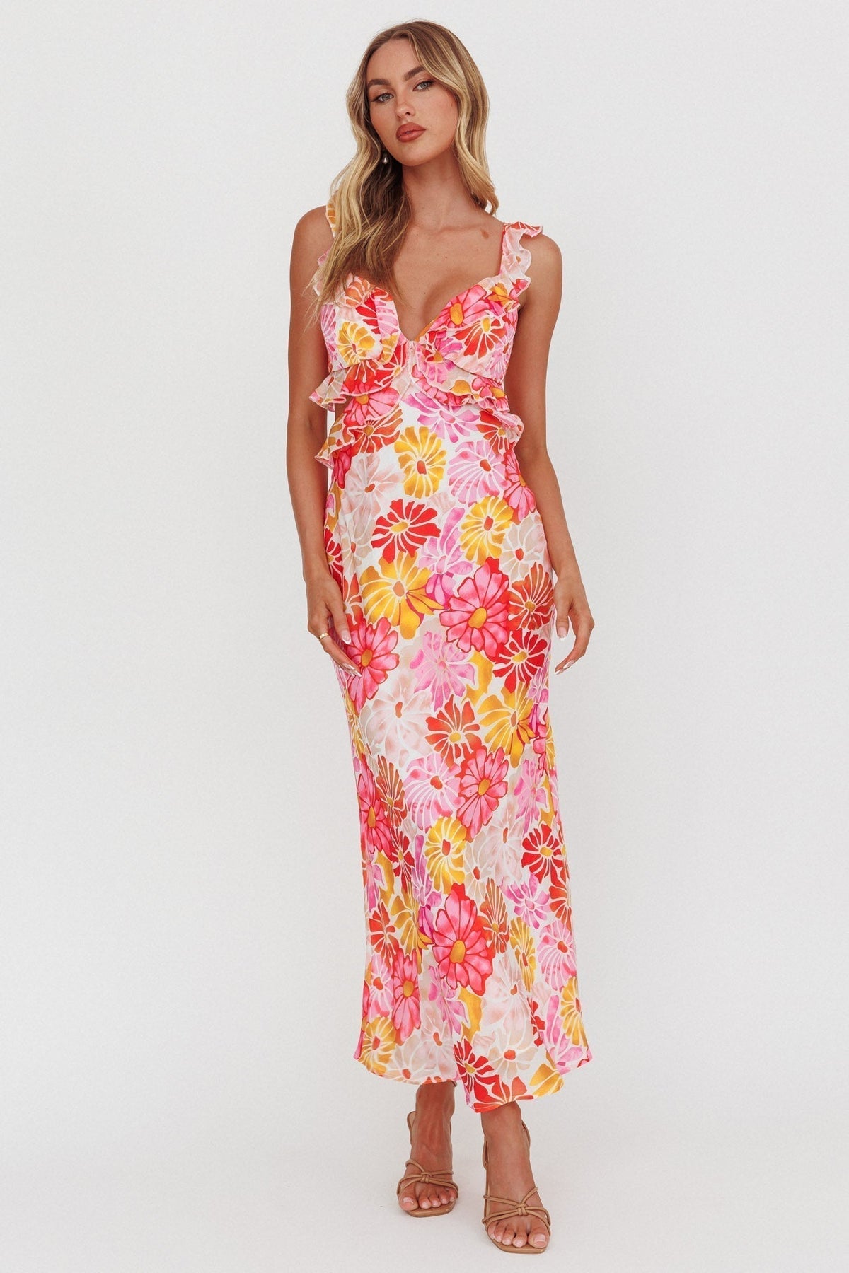 Second Chances Ruffle Trim Maxi Dress Flower Pink