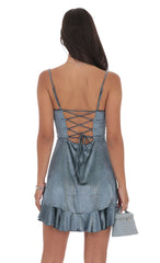 Foil Velvet Ruffled Slit Dress in Blue