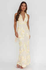 Cipriana Backless Halter Maxi Dress Embellished Yellow