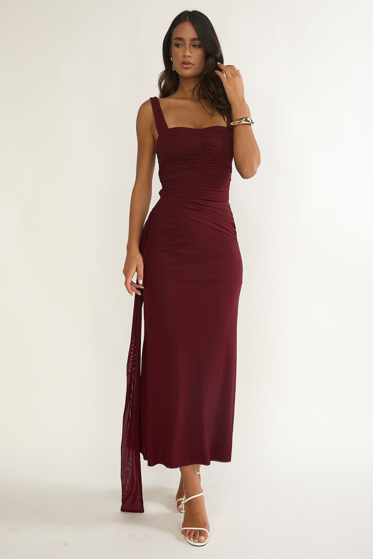 Emara Ruched Waist Sash Maxi Dress Burgundy