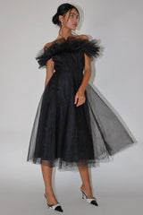 May Rose Off-Shoulder Tulle Midi Dress Black