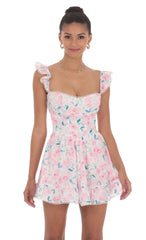 Embroidered Trim Floral A-line Dress in White