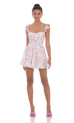 Embroidered Trim Floral A-line Dress in White