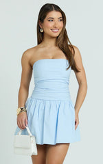 Donatella Mini Dress Strapless Drop Waist Dress in Blue