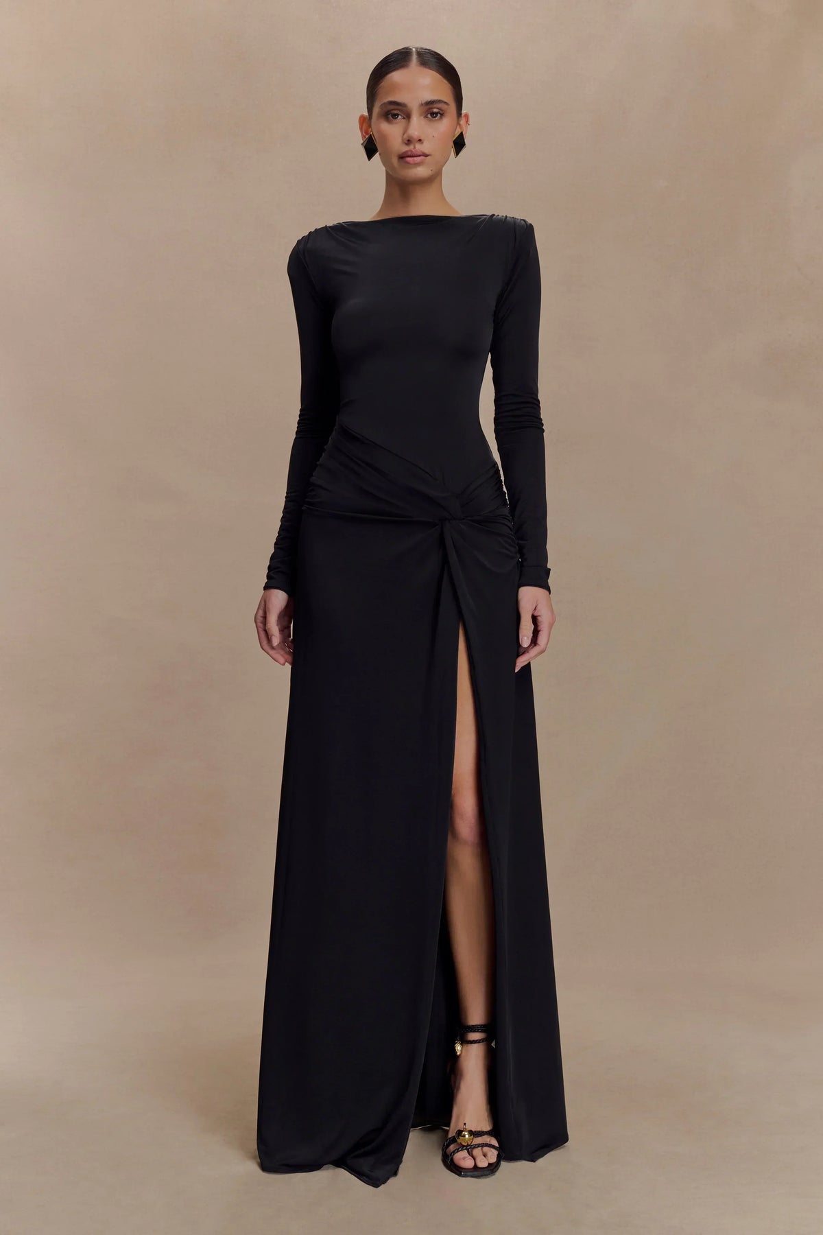 Deanna Long Sleeve Gathered Maxi Dress - Black