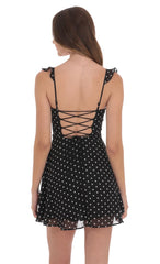 Polka Dot Ruffle Strap A-Line Dress in Black