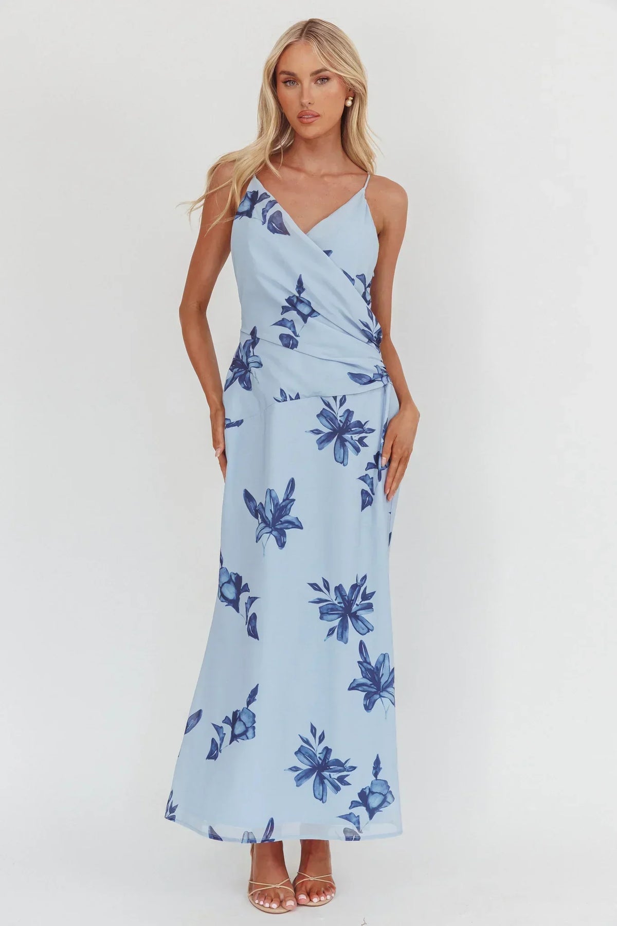 Lexxi Crossover Gathered Waist Maxi Dress Floral Blue