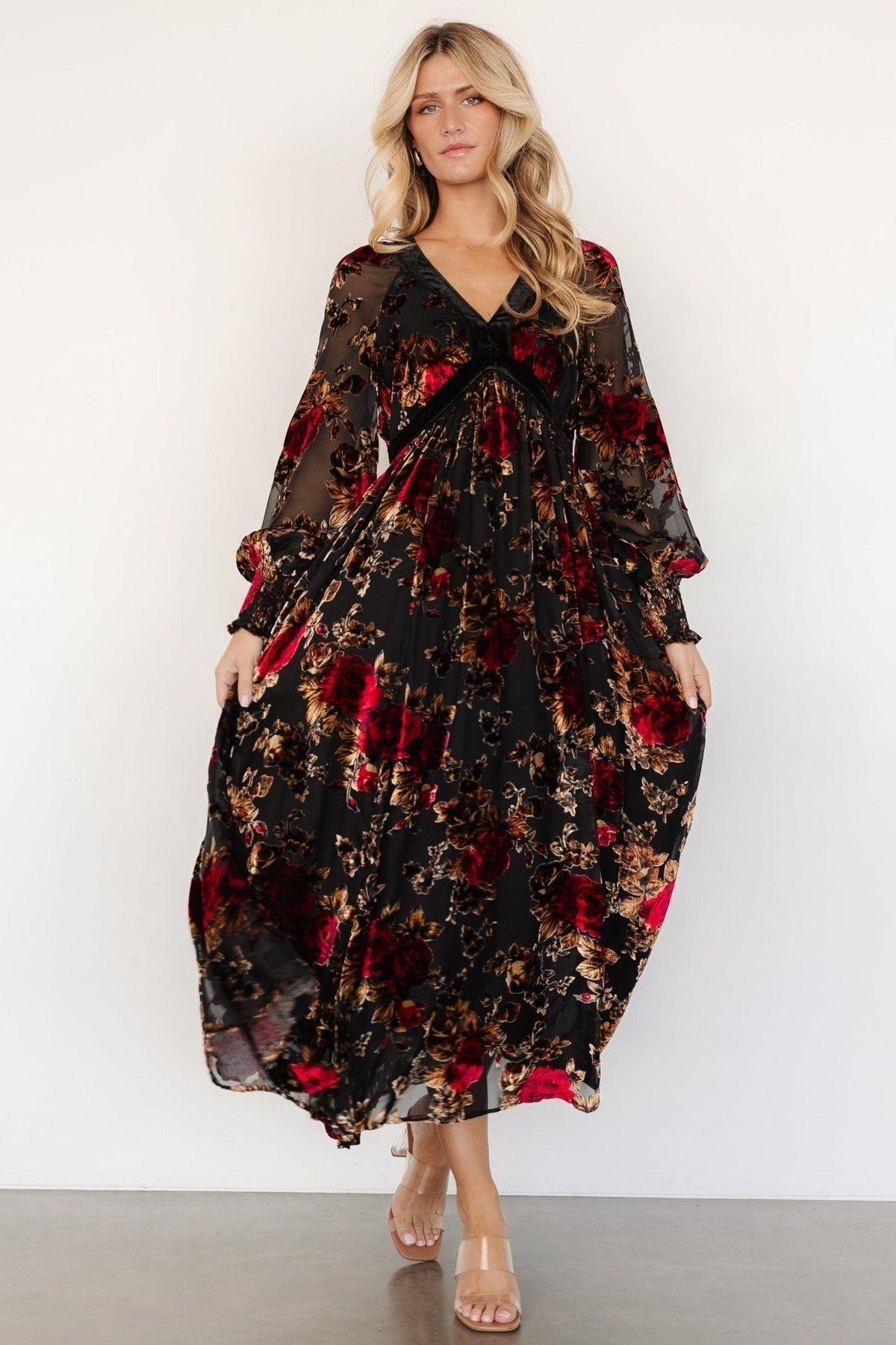 Adele Velvet Dress | Black + Rose Floral