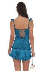 Satin Ruffle Corset Dress in Cobalt