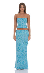 Strapless Beaded Floral Top in Aqua Blue